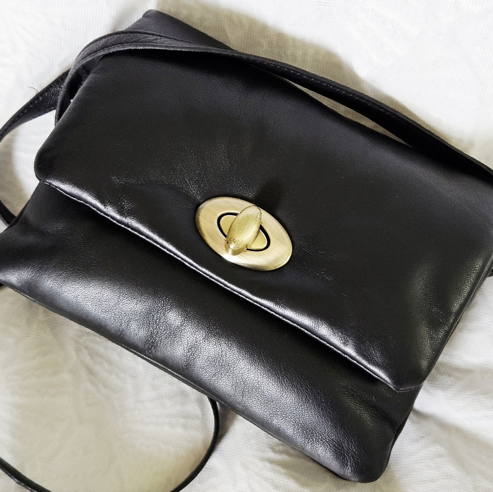 Slouchy Puff Genuine Black Leather Foldover Shoulder Mini Bag- Brass Turnlock